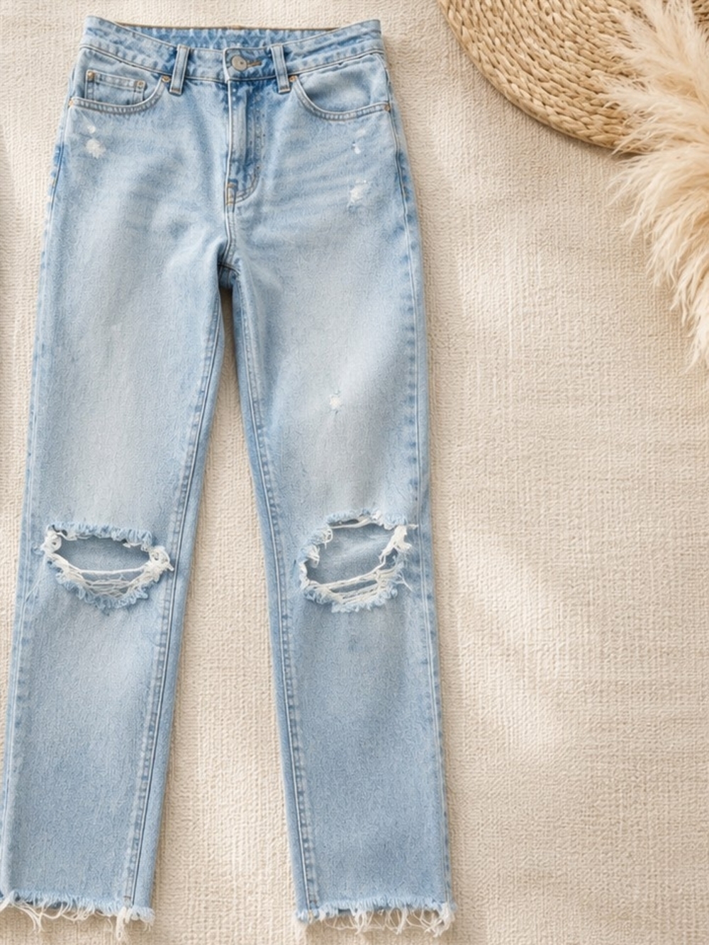 Garage Vintage Straight jeans - a light wash, distressed knees, and raw hem